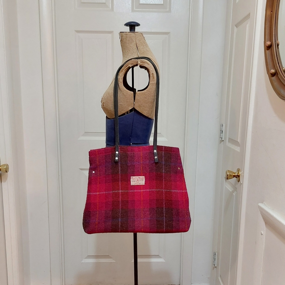 Harris Tweed Red Plaid Shoulder Tote with Black Leather Straps